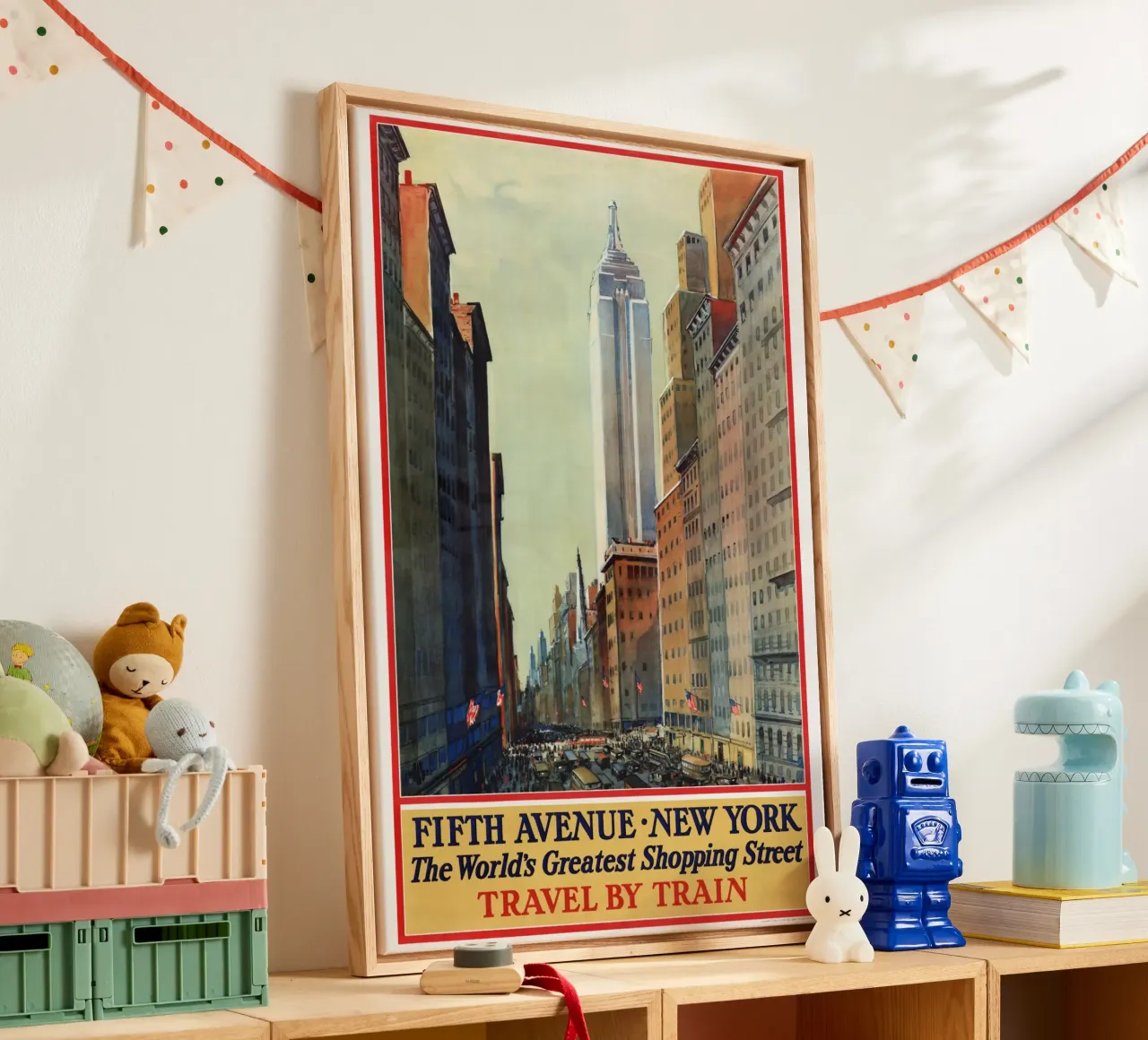 Poster d'epoca sulla Quinta Strada di New York per viaggiare in treno tela con Cornice a cassetta da homdeco
