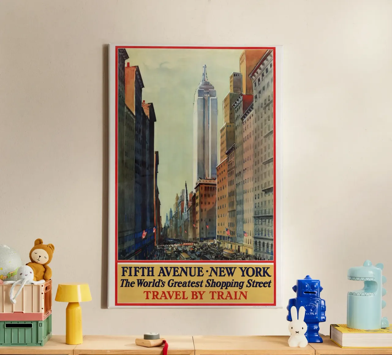 Poster d'epoca sulla Quinta Strada di New York per viaggiare in treno tela con Cornice a cassetta da homdeco