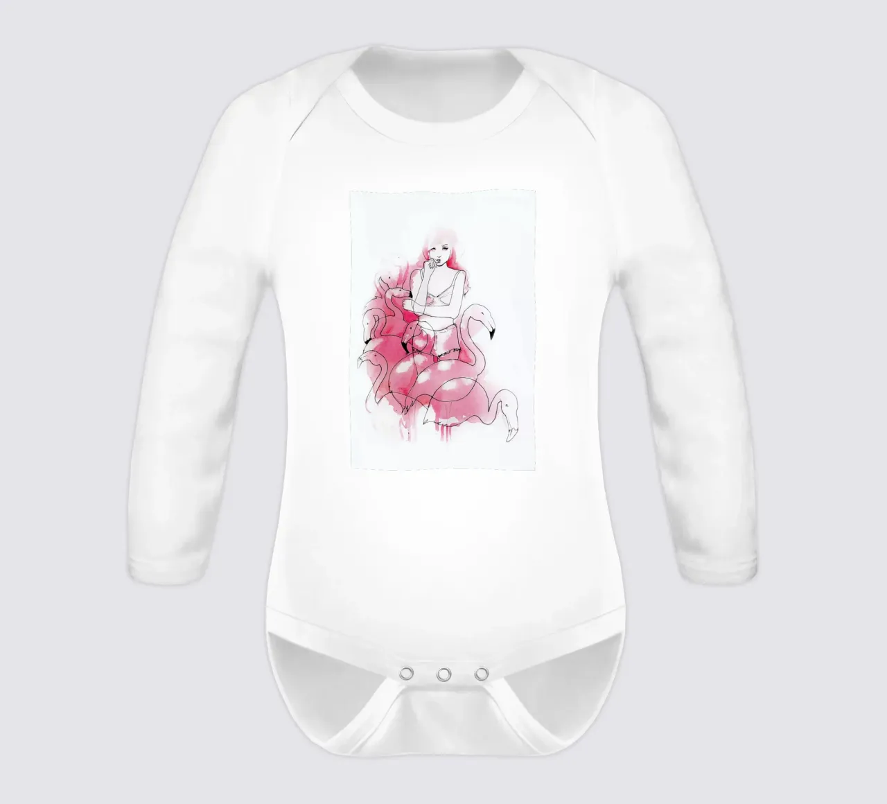 Pink Flamingos long-sleeve baby romper by Ina Stanimirova