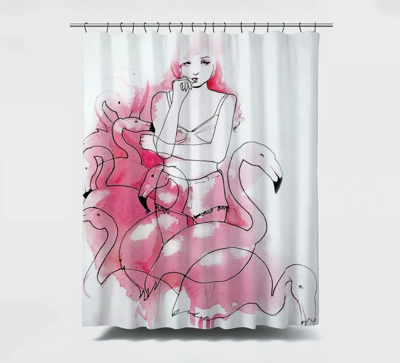 Pink Flamingos shower curtain by Ina Stanimirova