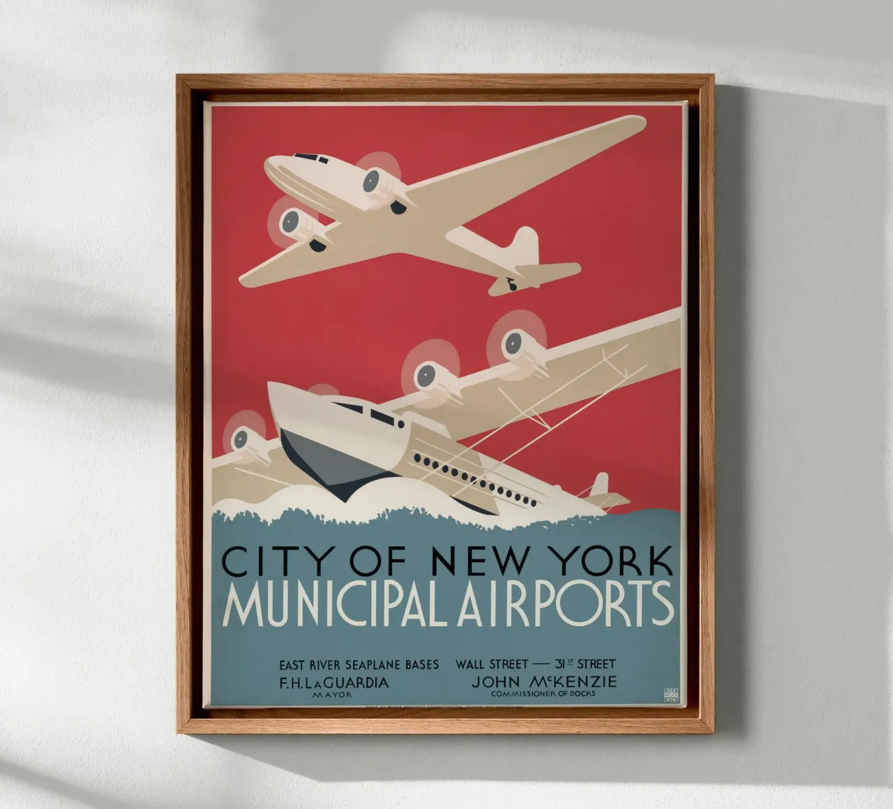 NYC Gemeentelijke Luchthavens Art Deco Watervliegtuig Poster canvas met Baklijst van homdeco