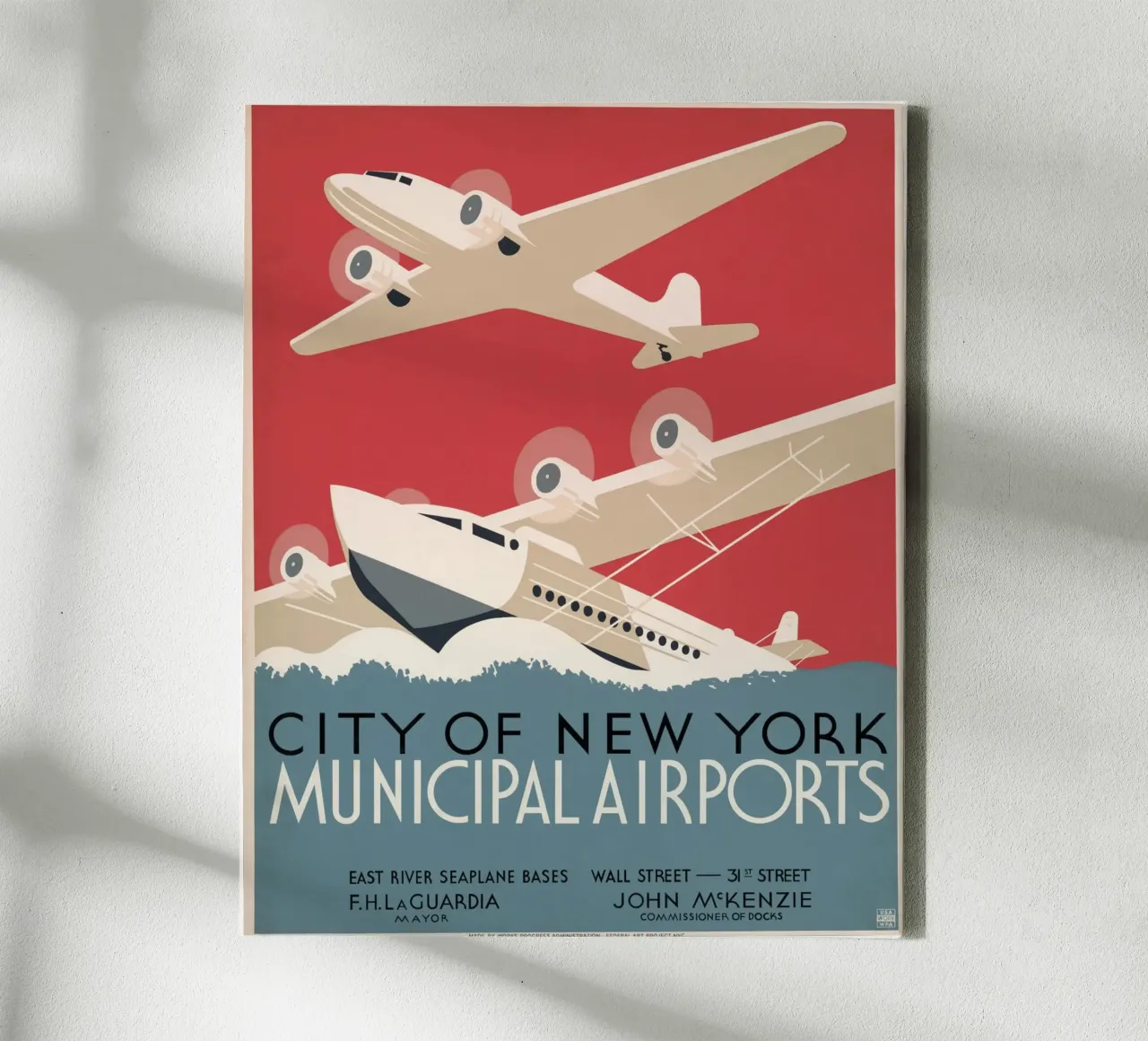 NYC Gemeentelijke Luchthavens Art Deco Watervliegtuig Poster canvas met Baklijst van homdeco