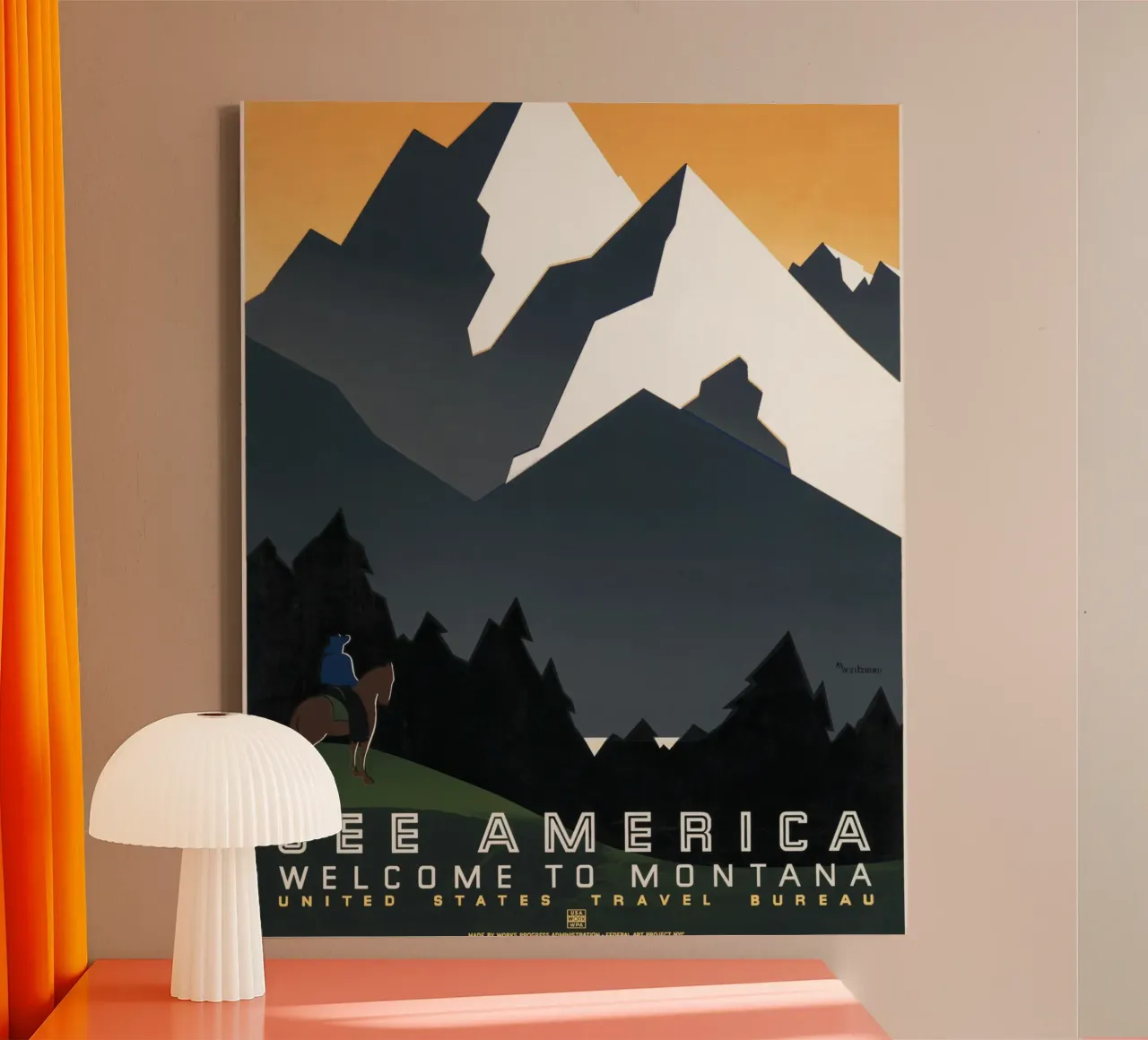 Zie Amerika Montana WPA Reisposter Midden-eeuwse kunst canvas met Baklijst van homdeco
