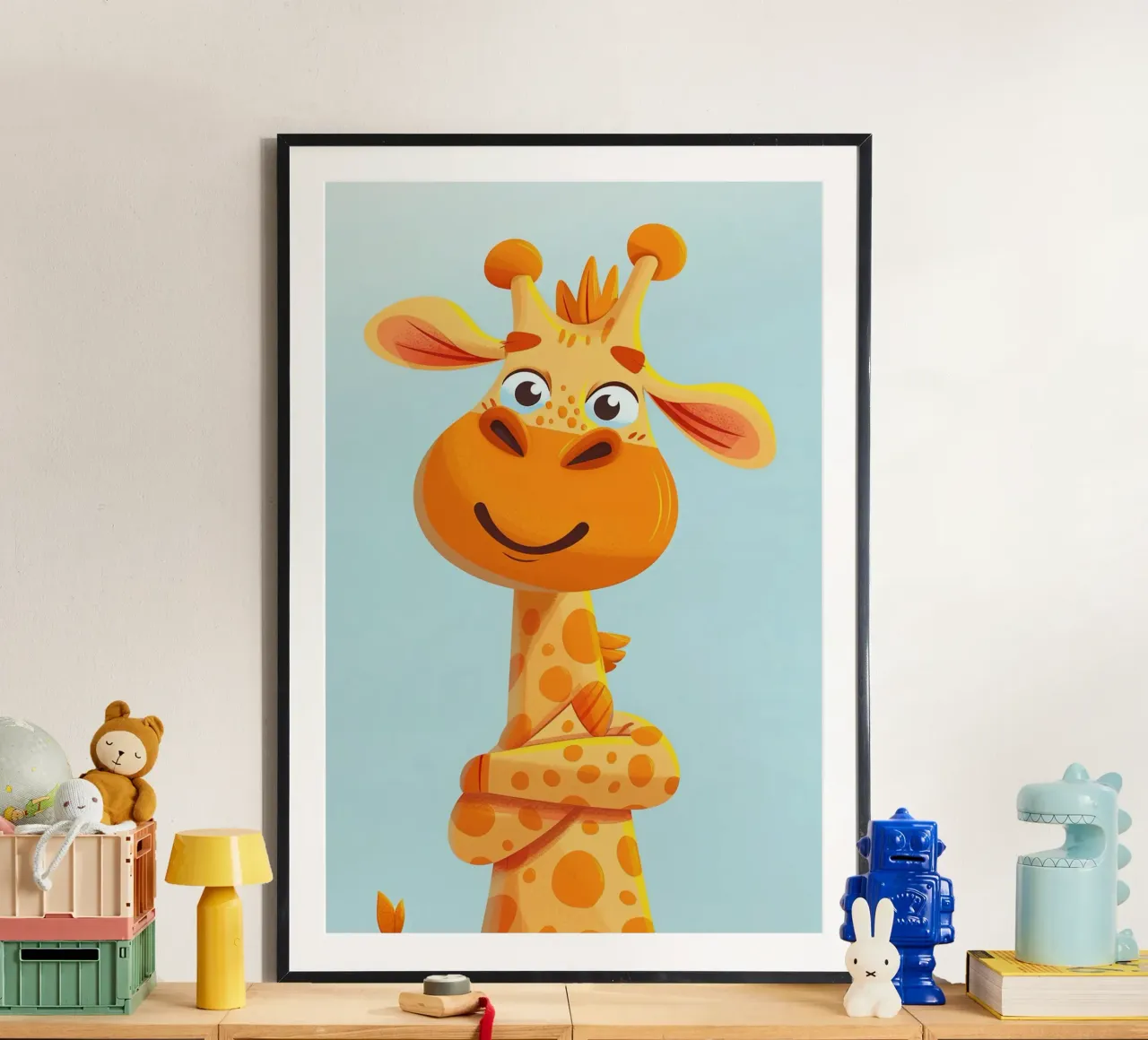 The Selfie Giraffe poster con telaio in legno da wonderfolk