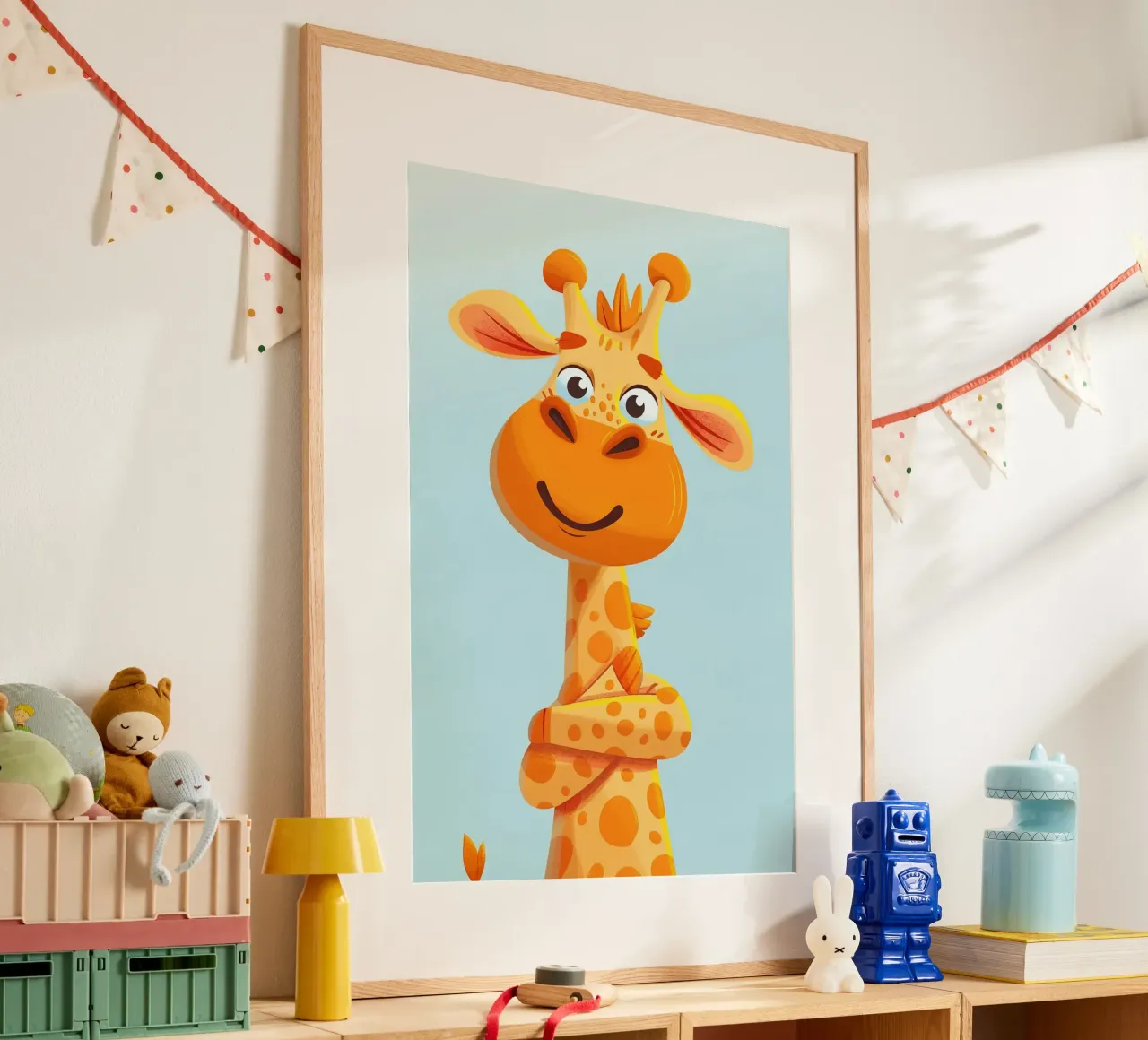 The Selfie Giraffe poster con telaio in legno da wonderfolk