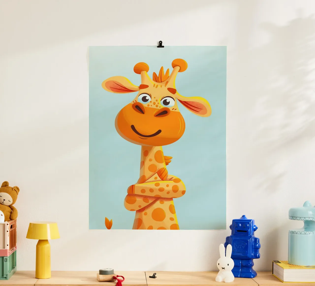 The Selfie Giraffe poster con telaio in legno da wonderfolk