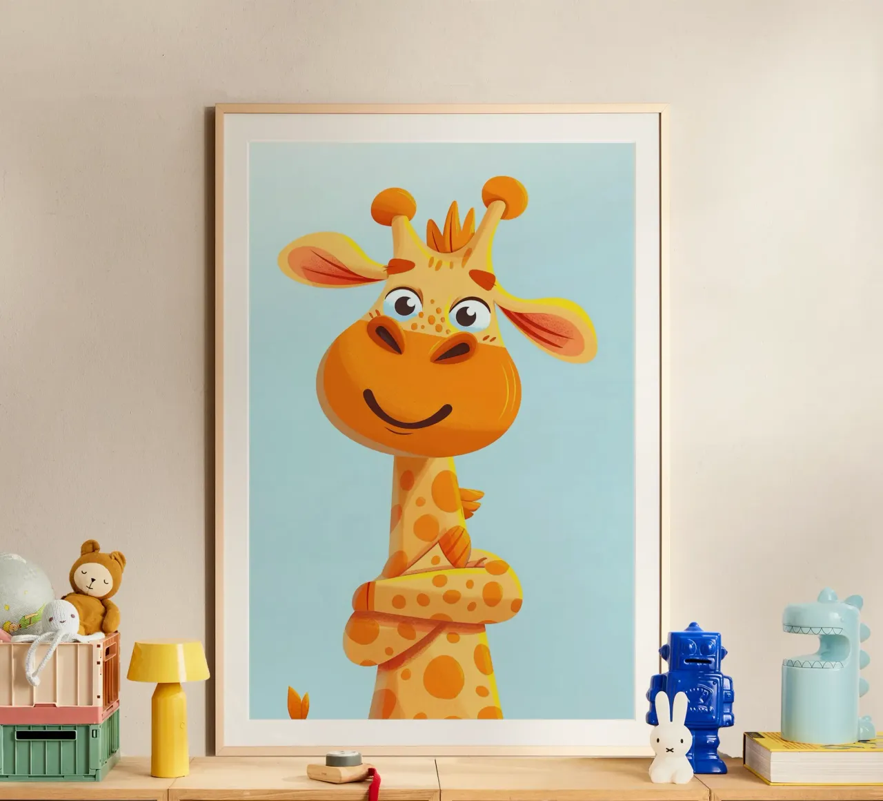 The Selfie Giraffe poster con telaio in legno da wonderfolk