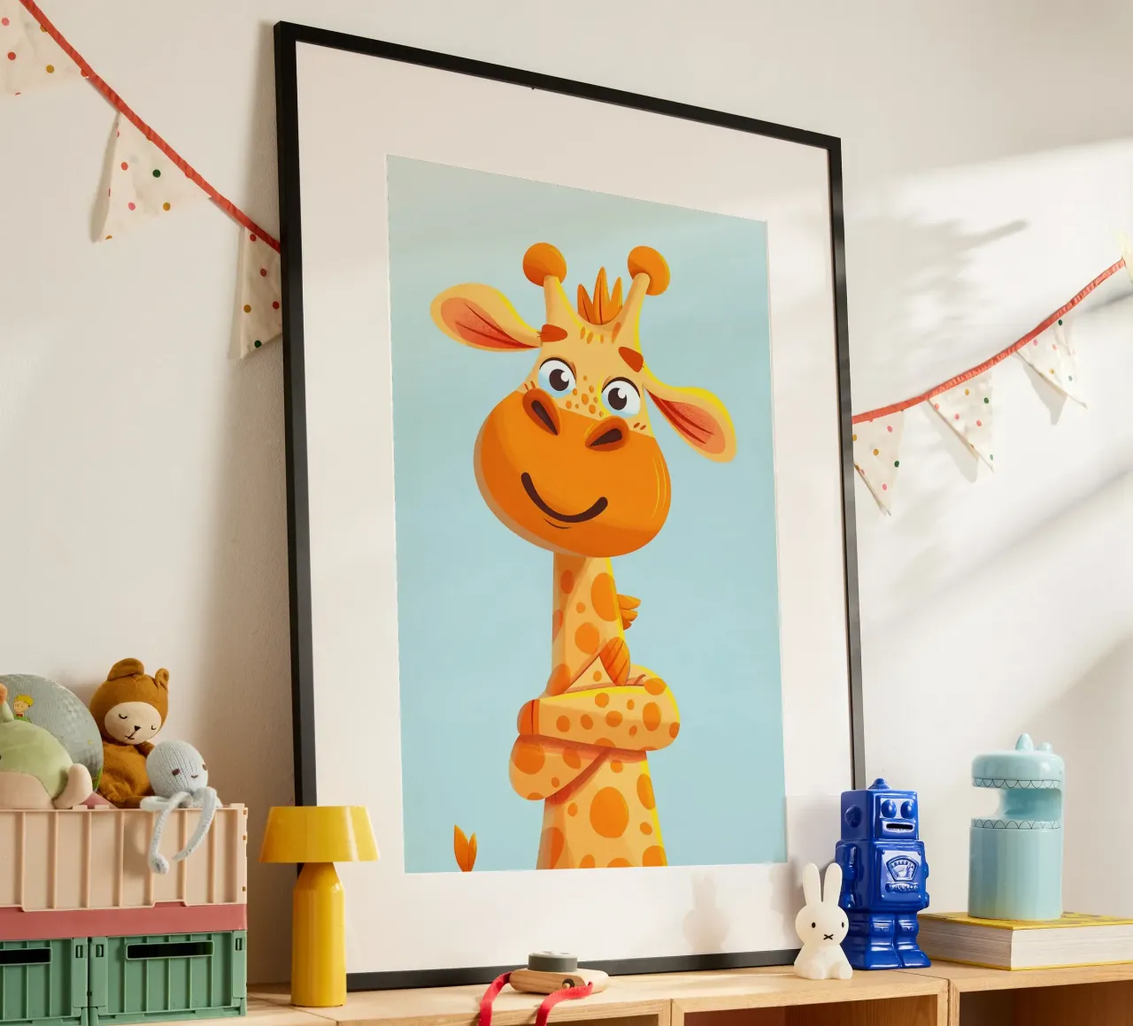 The Selfie Giraffe poster con telaio in legno da wonderfolk