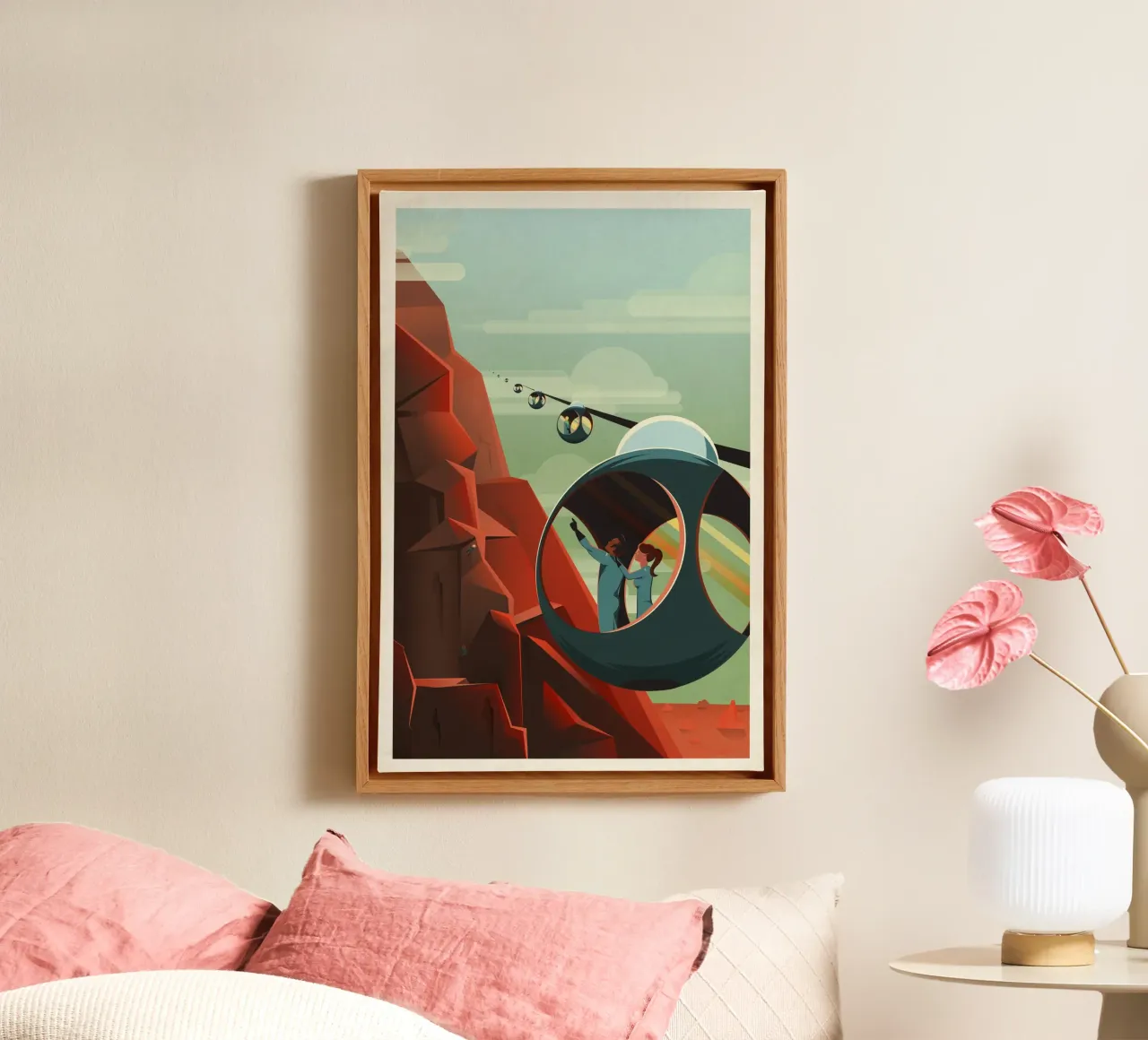 Vintage Mars Reisposter Ruimtekunst Retro Futurisme canvas met Baklijst van homdeco