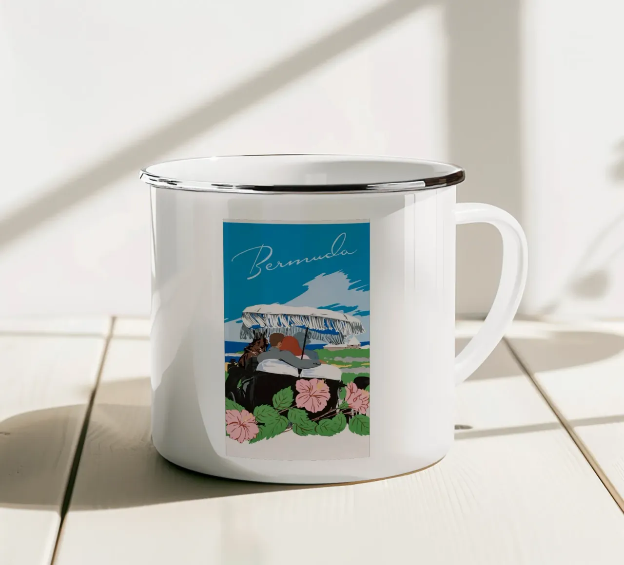 Poster di viaggio d'epoca con carrozza a cavallo delle Bermuda tazza in smalto da homdeco