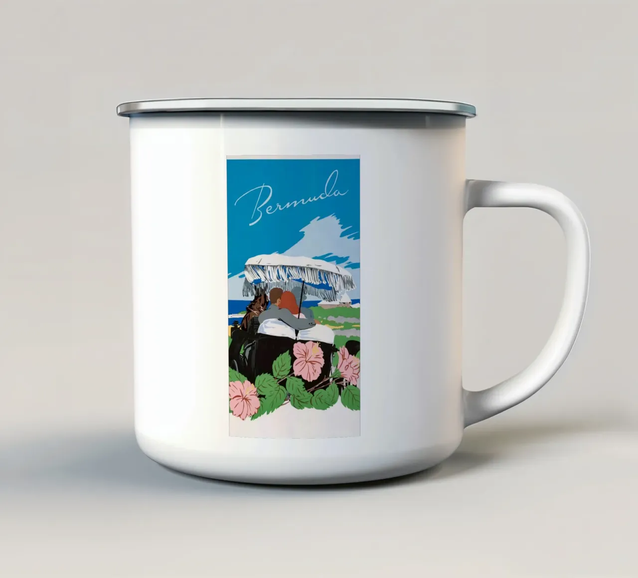 Poster di viaggio d'epoca con carrozza a cavallo delle Bermuda tazza in smalto da homdeco