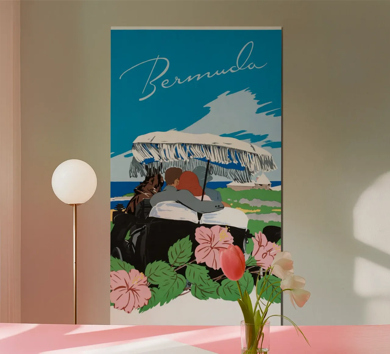 Poster di viaggio d'epoca con carrozza a cavallo delle Bermuda poster con telaio in legno da homdeco