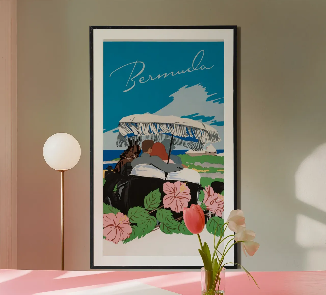 Poster di viaggio d'epoca con carrozza a cavallo delle Bermuda poster con telaio in legno da homdeco