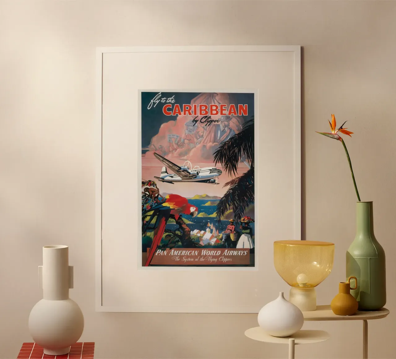 Poster di viaggio d'epoca della Caribbean Clipper Pan Am poster con telaio in legno da homdeco
