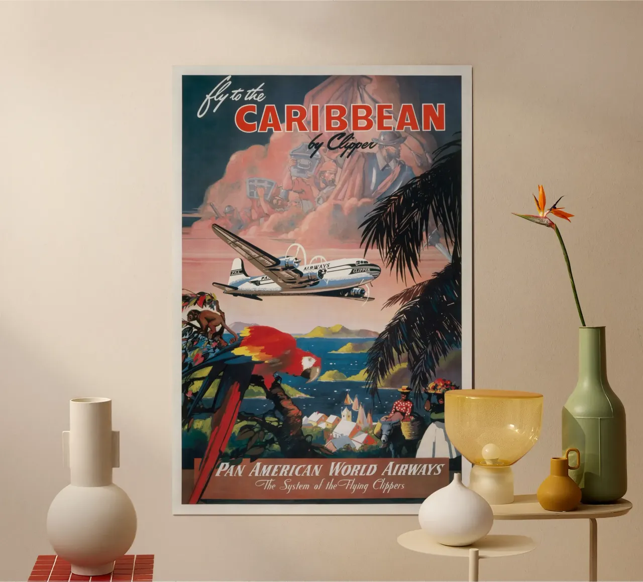 Poster di viaggio d'epoca della Caribbean Clipper Pan Am poster con telaio in legno da homdeco