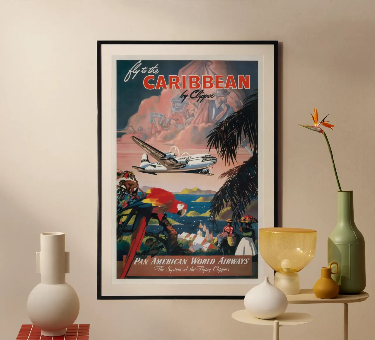 Poster di viaggio d'epoca della Caribbean Clipper Pan Am poster con telaio in legno da homdeco