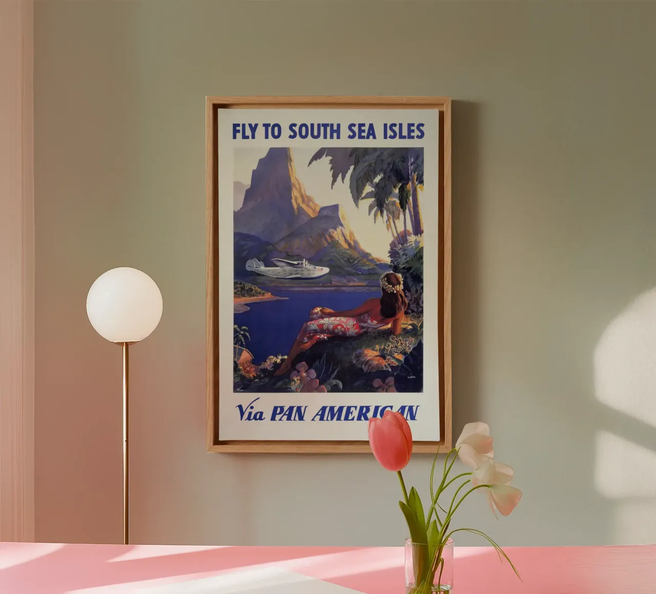 Poster di viaggio d'epoca della Pan Am sulle isole dei mari del sud tela con Cornice a cassetta da homdeco