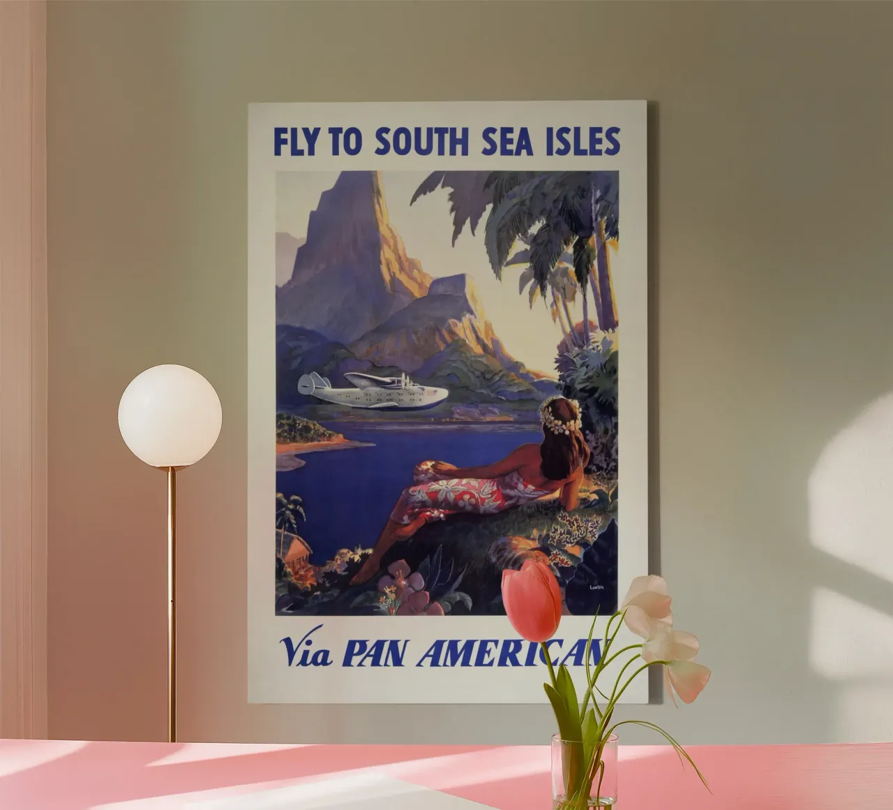 Poster di viaggio d'epoca della Pan Am sulle isole dei mari del sud tela con Cornice a cassetta da homdeco