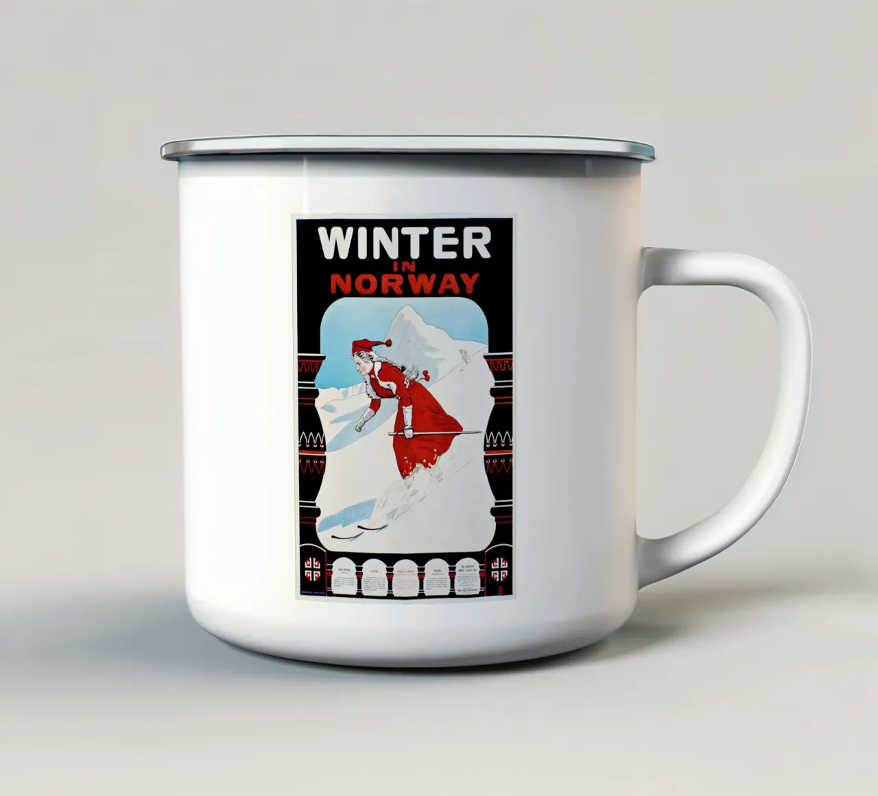 Poster sciistico d'epoca Inverno in Norvegia Art Nouveau tazza in smalto da homdeco