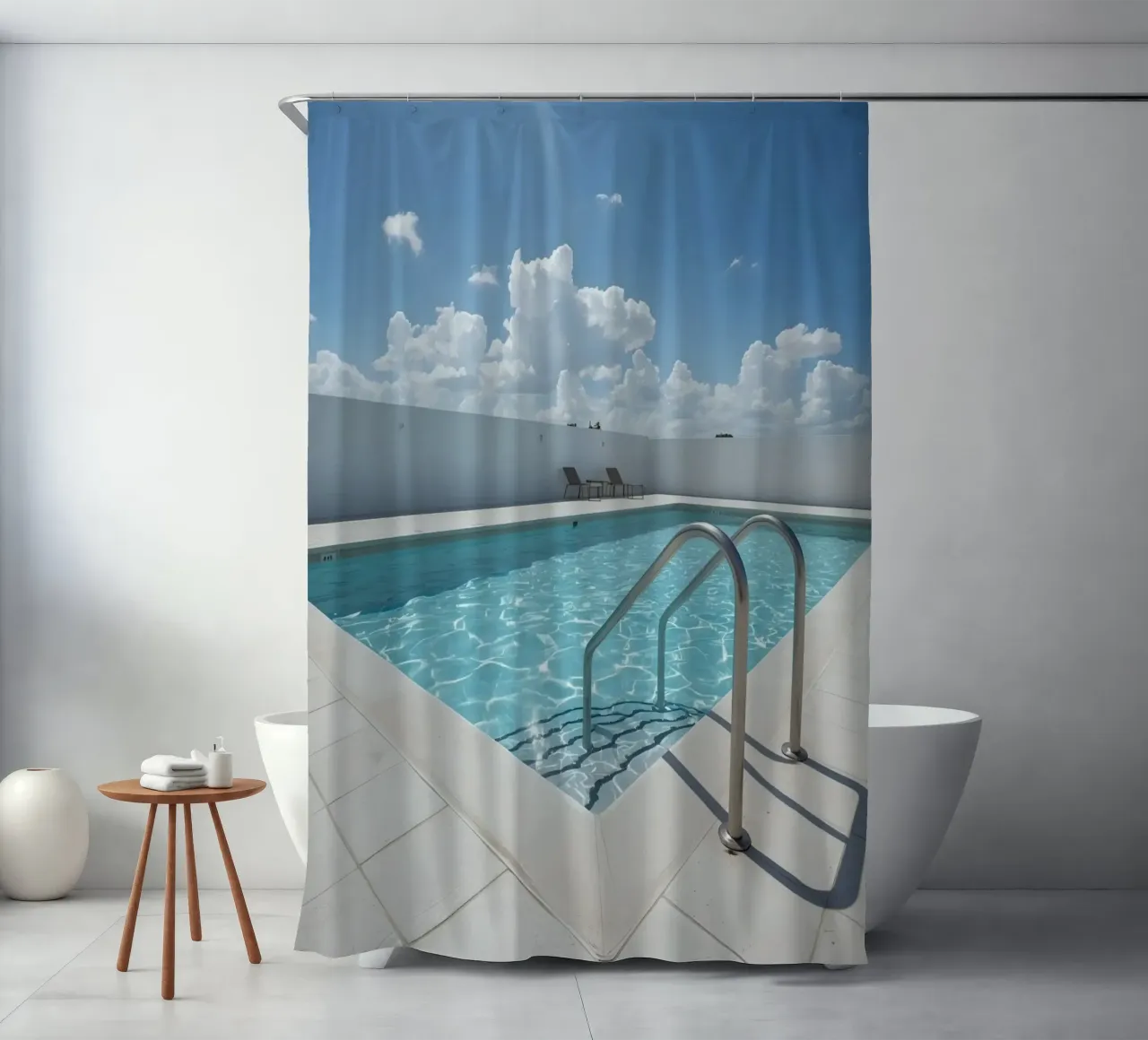 Piscina sul tetto con scala di accesso e cielo blu tenda da doccia da DesignDoodle
