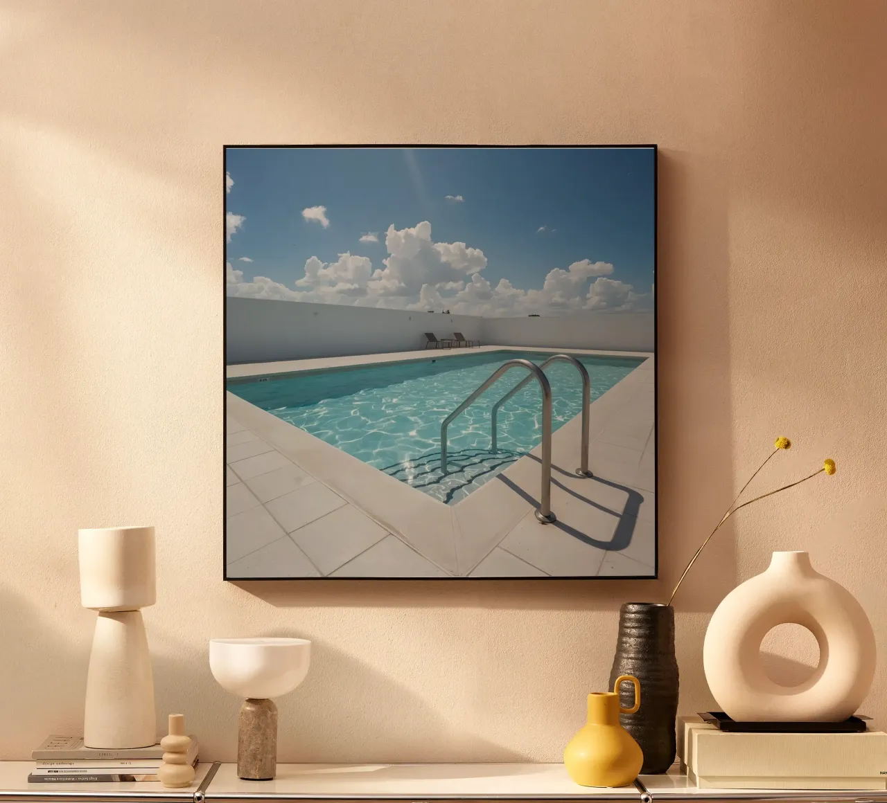 Piscina sul tetto con scala di accesso e cielo blu alluminio dibond da DesignDoodle