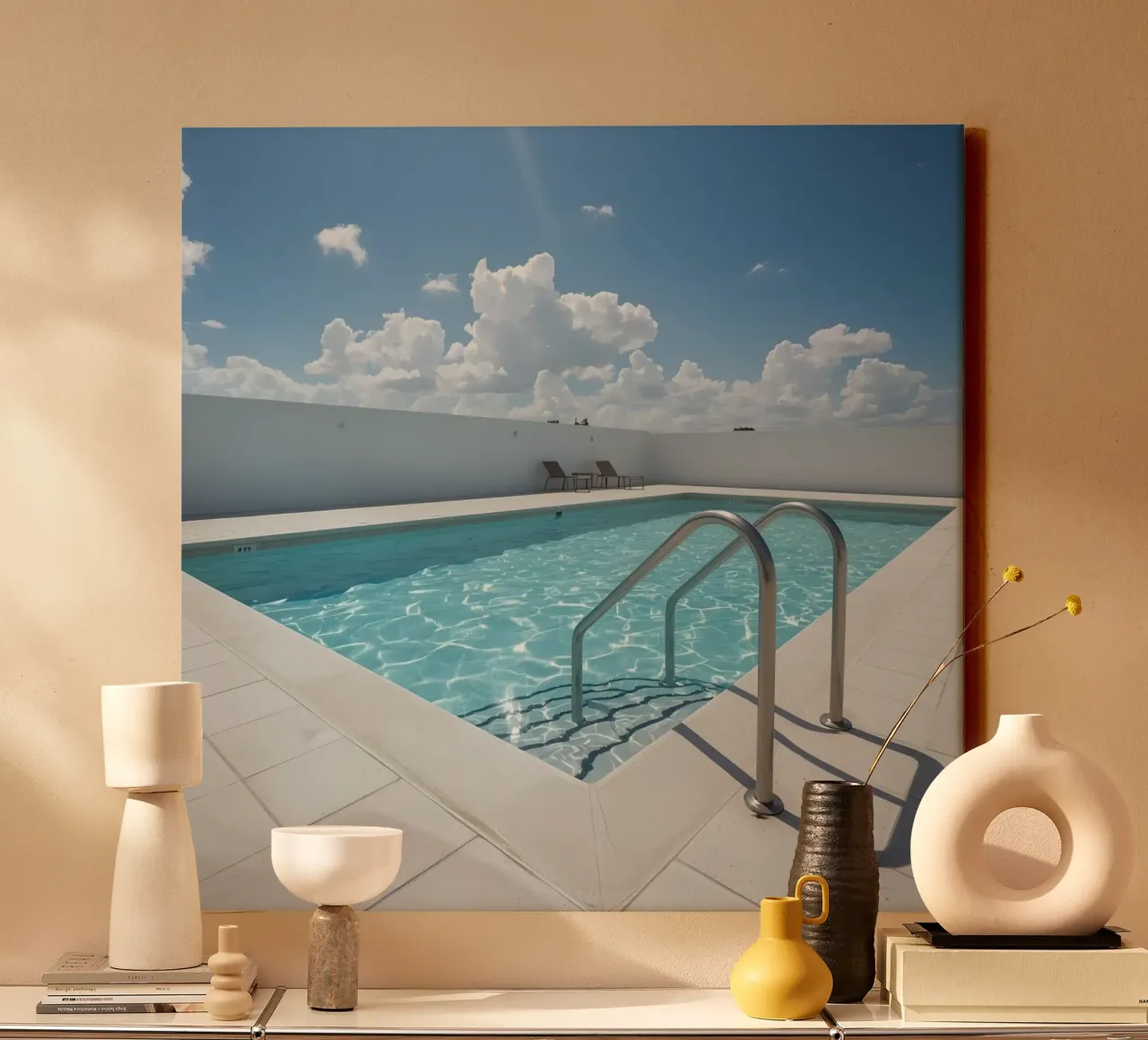 Piscina sul tetto con scala di accesso e cielo blu tela con Cornice a cassetta da DesignDoodle