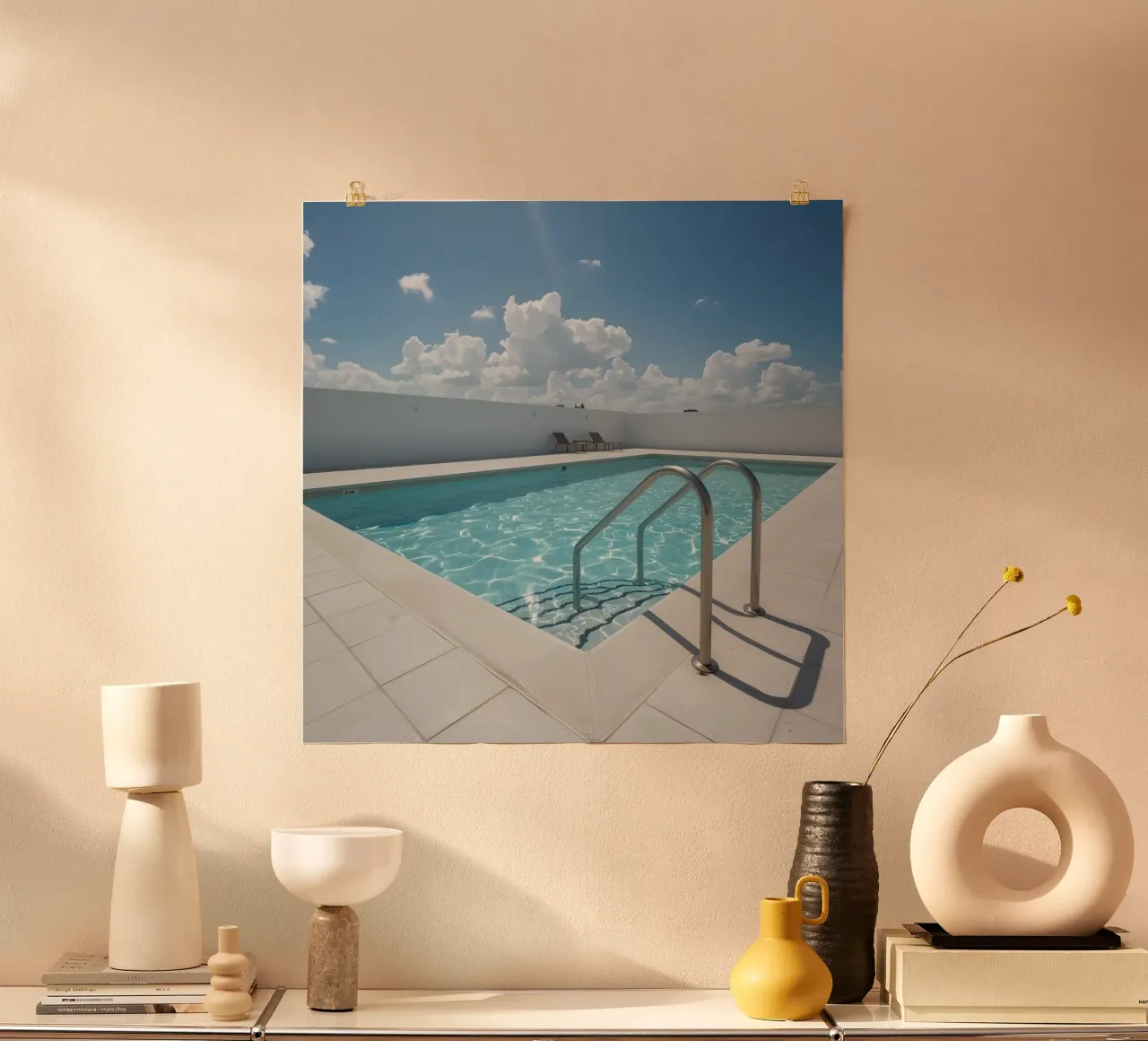 Piscina sul tetto con scala di accesso e cielo blu poster da DesignDoodle