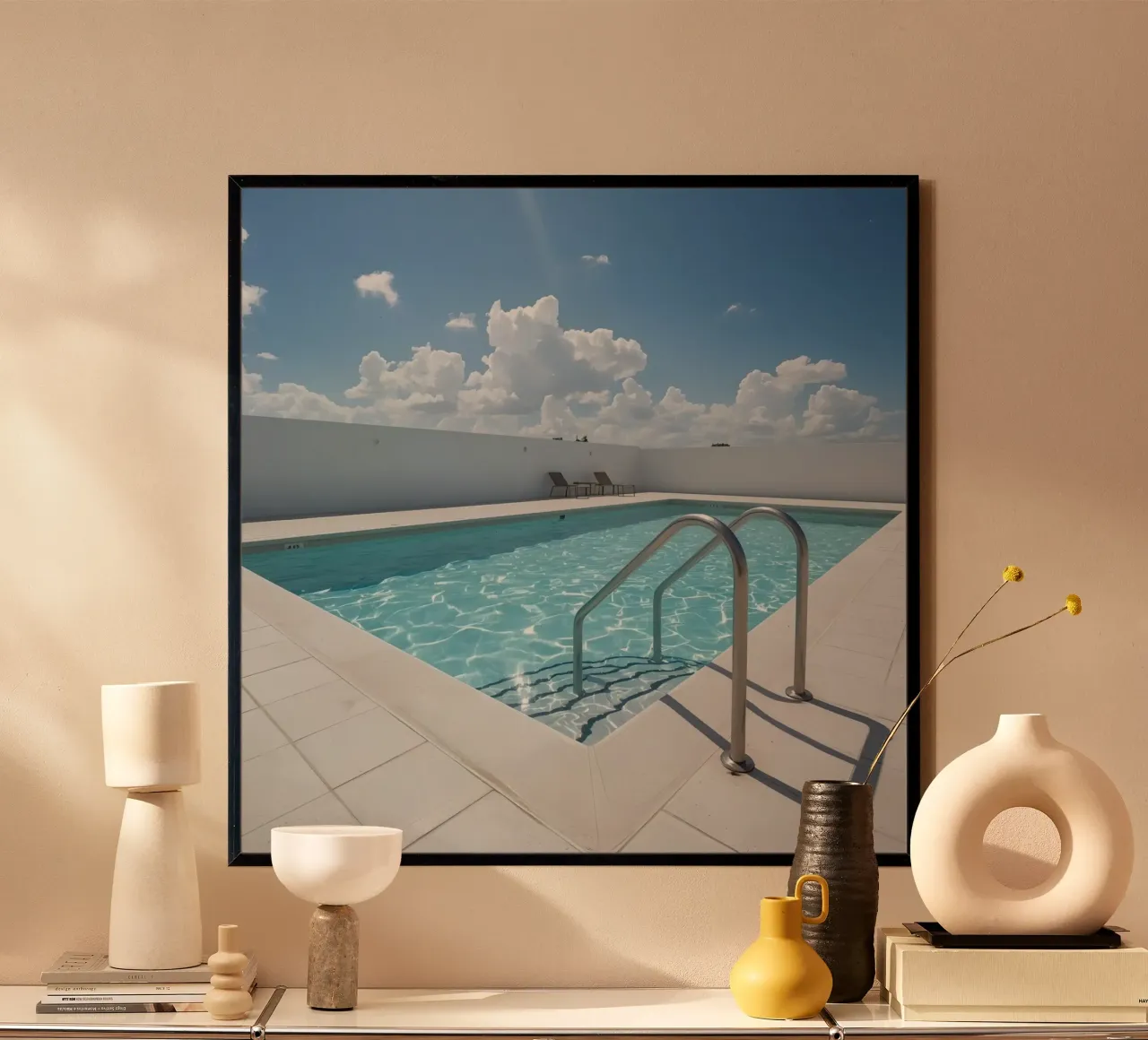 Piscina sul tetto con scala di accesso e cielo blu poster da DesignDoodle