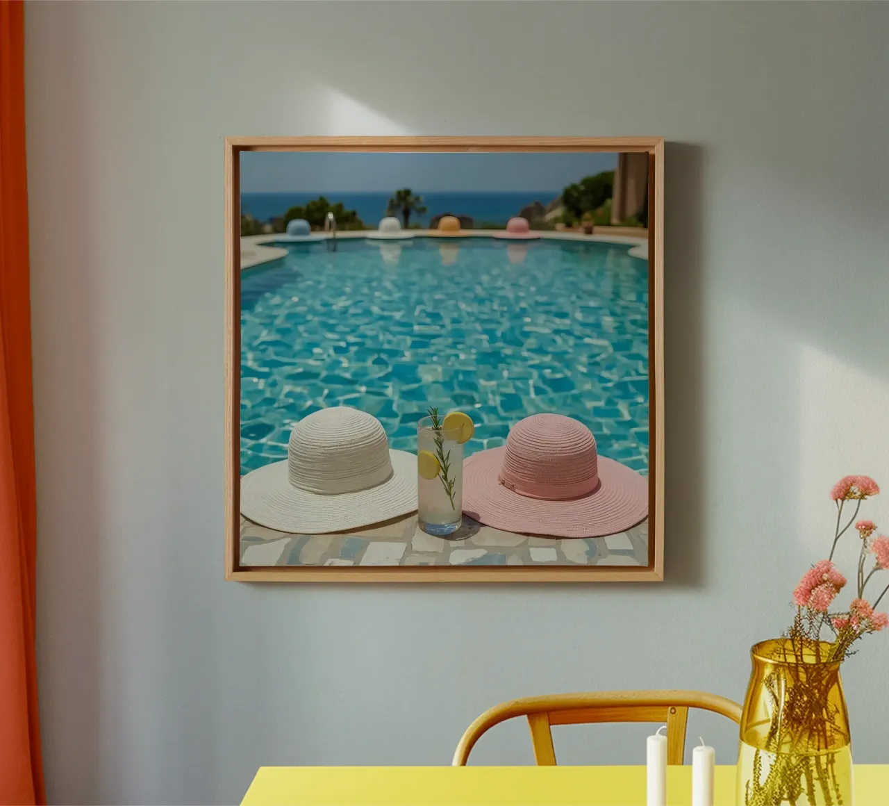 Straw Hats and Lemon Rosemary Drink by the Swimming Pool canvas with Floater frame by DesignDoodle