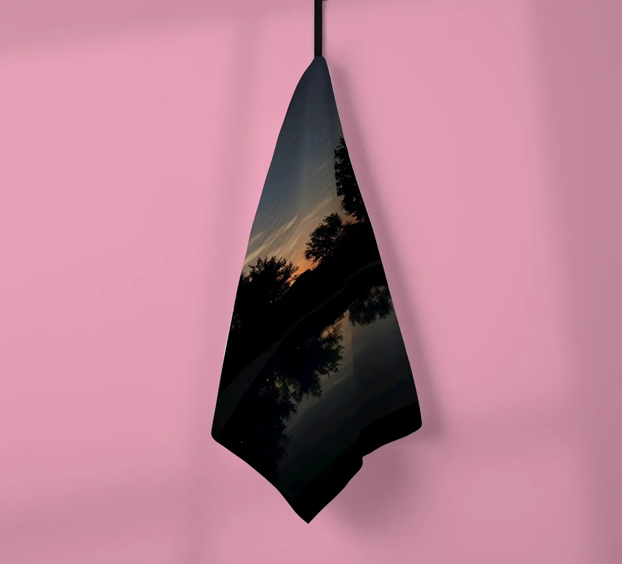 Swimming Pool at Dusk with Tree Reflections and Sunset Sky tea towel by DesignDoodle