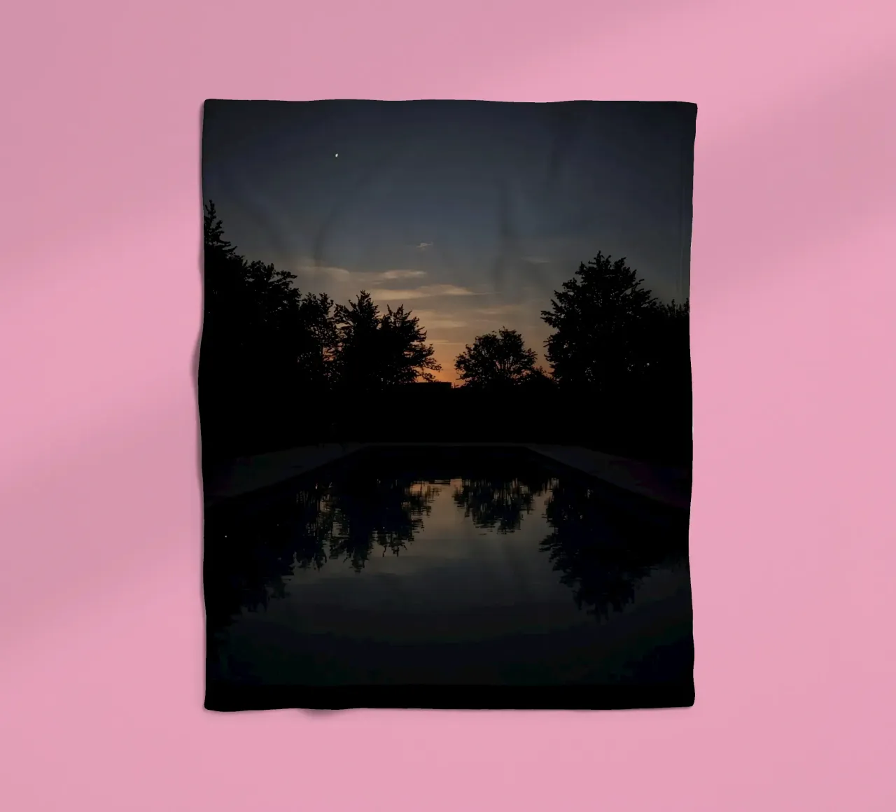 Swimming Pool at Dusk with Tree Reflections and Sunset Sky fleece blanket by DesignDoodle