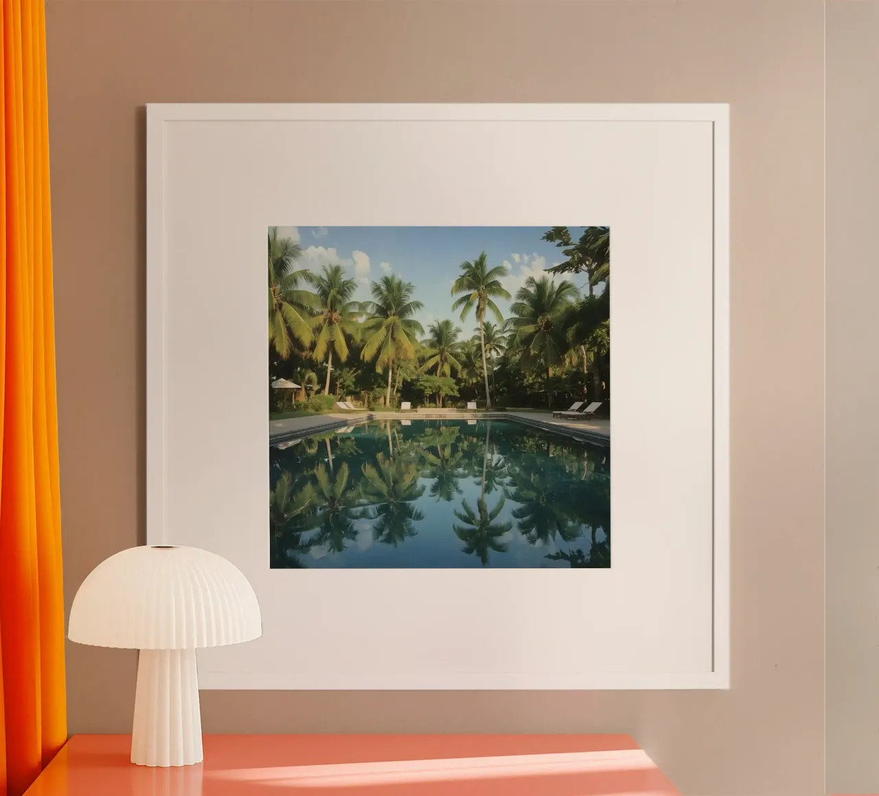 Swimming Pool Reflecting Palm Trees and Sky poster with aluminum frame by DesignDoodle