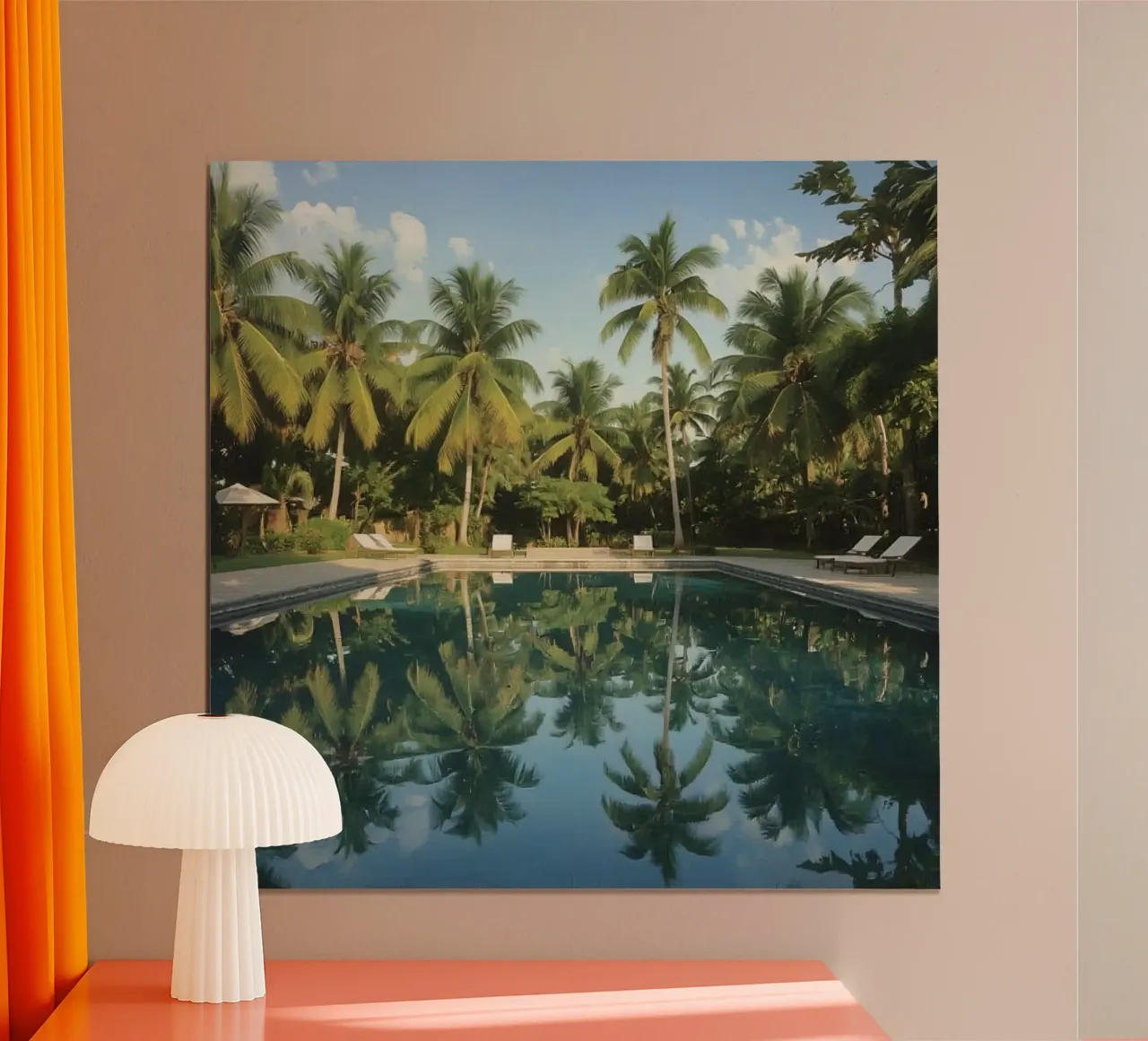 Swimming Pool Reflecting Palm Trees and Sky poster with aluminum frame by DesignDoodle