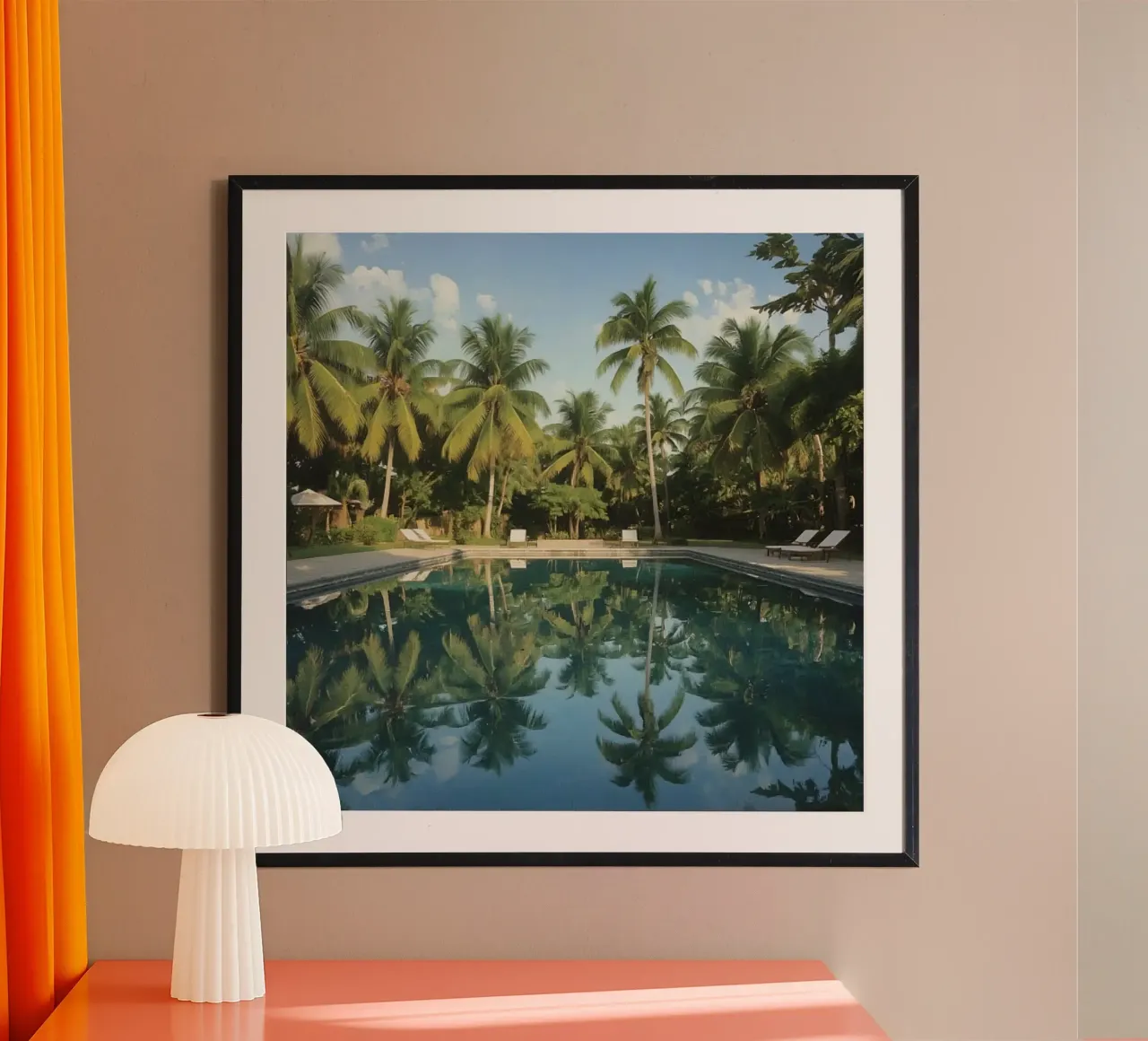 Swimming Pool Reflecting Palm Trees and Sky poster with aluminum frame by DesignDoodle