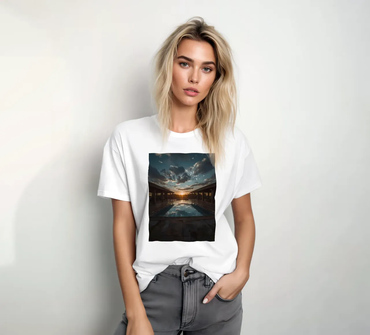 Swimming Pool Reflecting Sunset with Covered Structures t-shirt by DesignDoodle