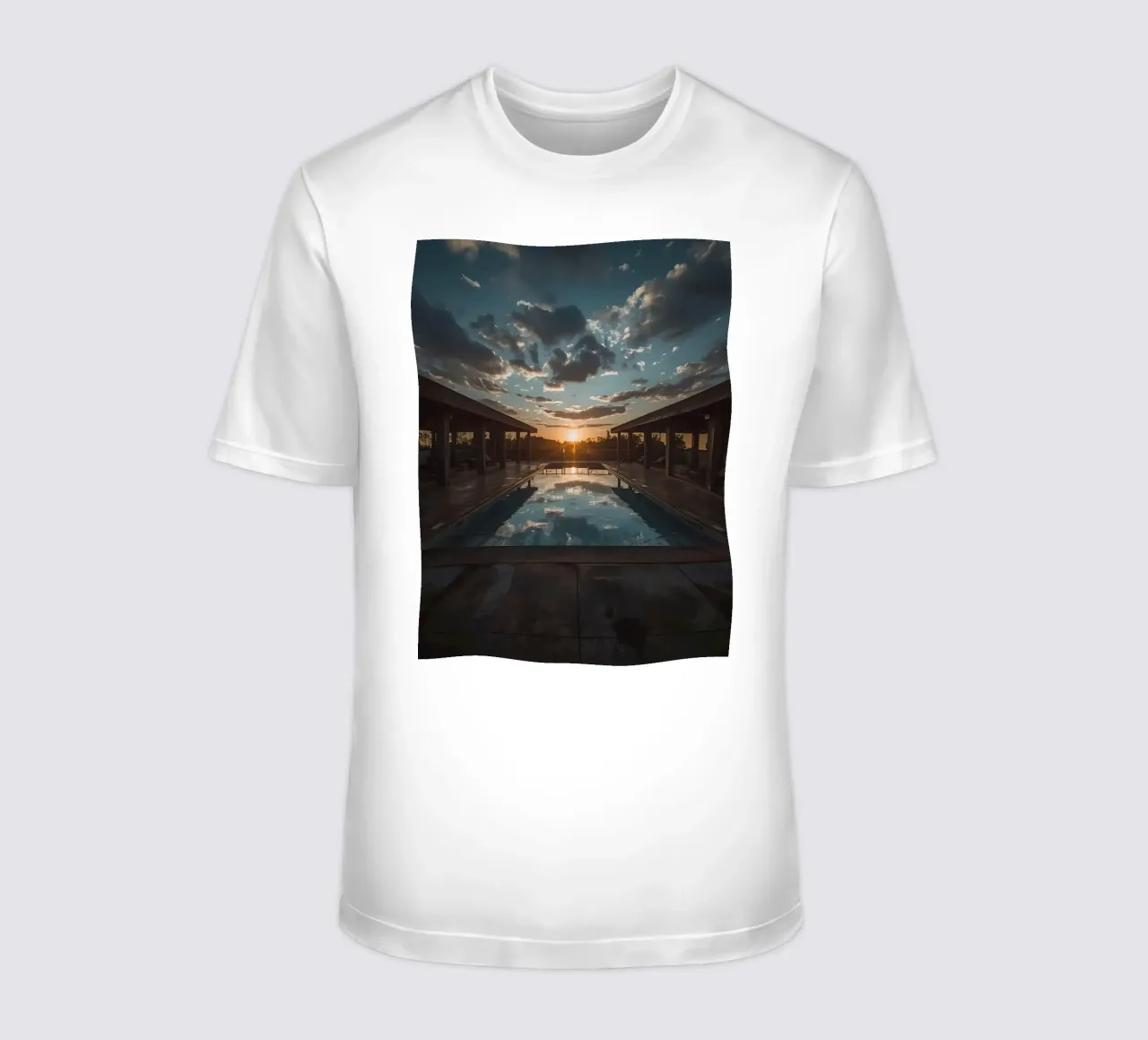 Swimming Pool Reflecting Sunset with Covered Structures t-shirt by DesignDoodle
