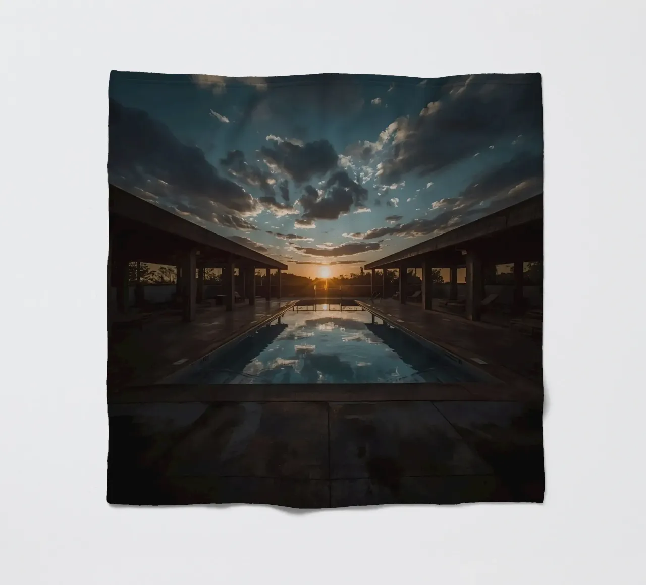 Swimming Pool Reflecting Sunset with Covered Structures fleece blanket by DesignDoodle