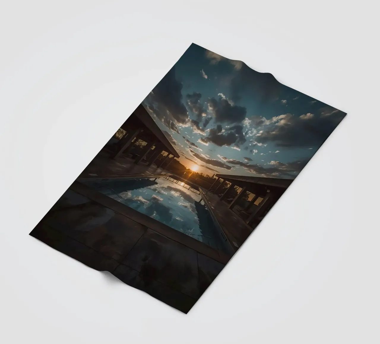 Swimming Pool Reflecting Sunset with Covered Structures fleece blanket by DesignDoodle