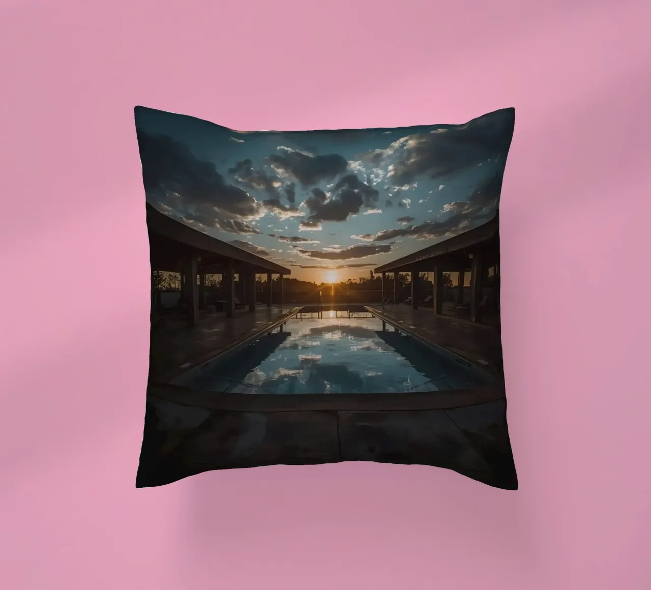 Swimming Pool Reflecting Sunset with Covered Structures decorative cushion by DesignDoodle
