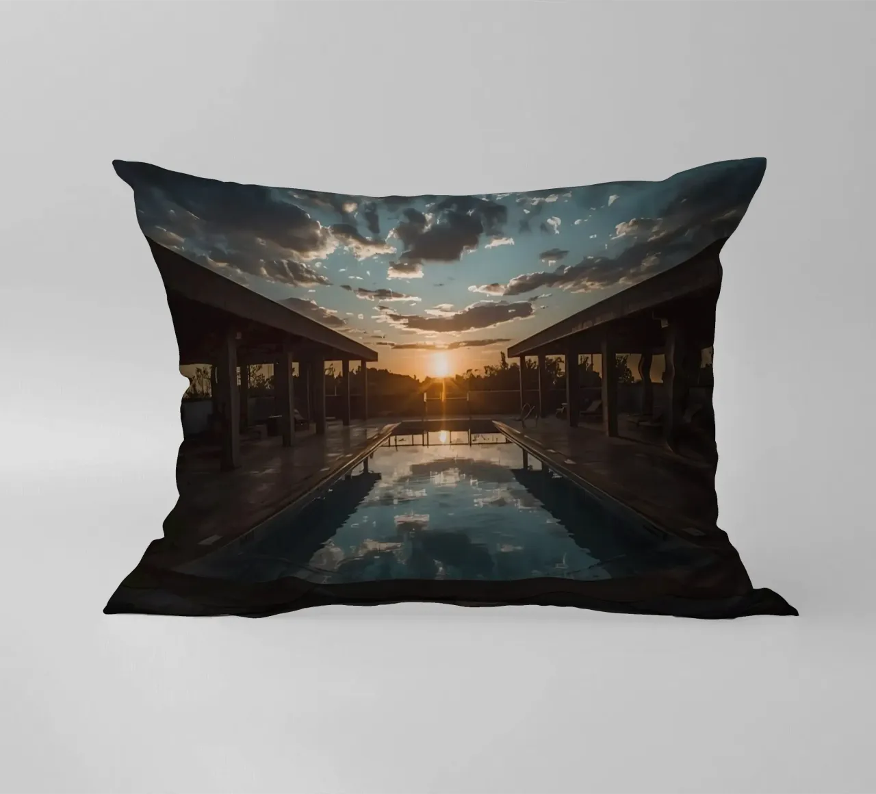 Swimming Pool Reflecting Sunset with Covered Structures decorative cushion by DesignDoodle