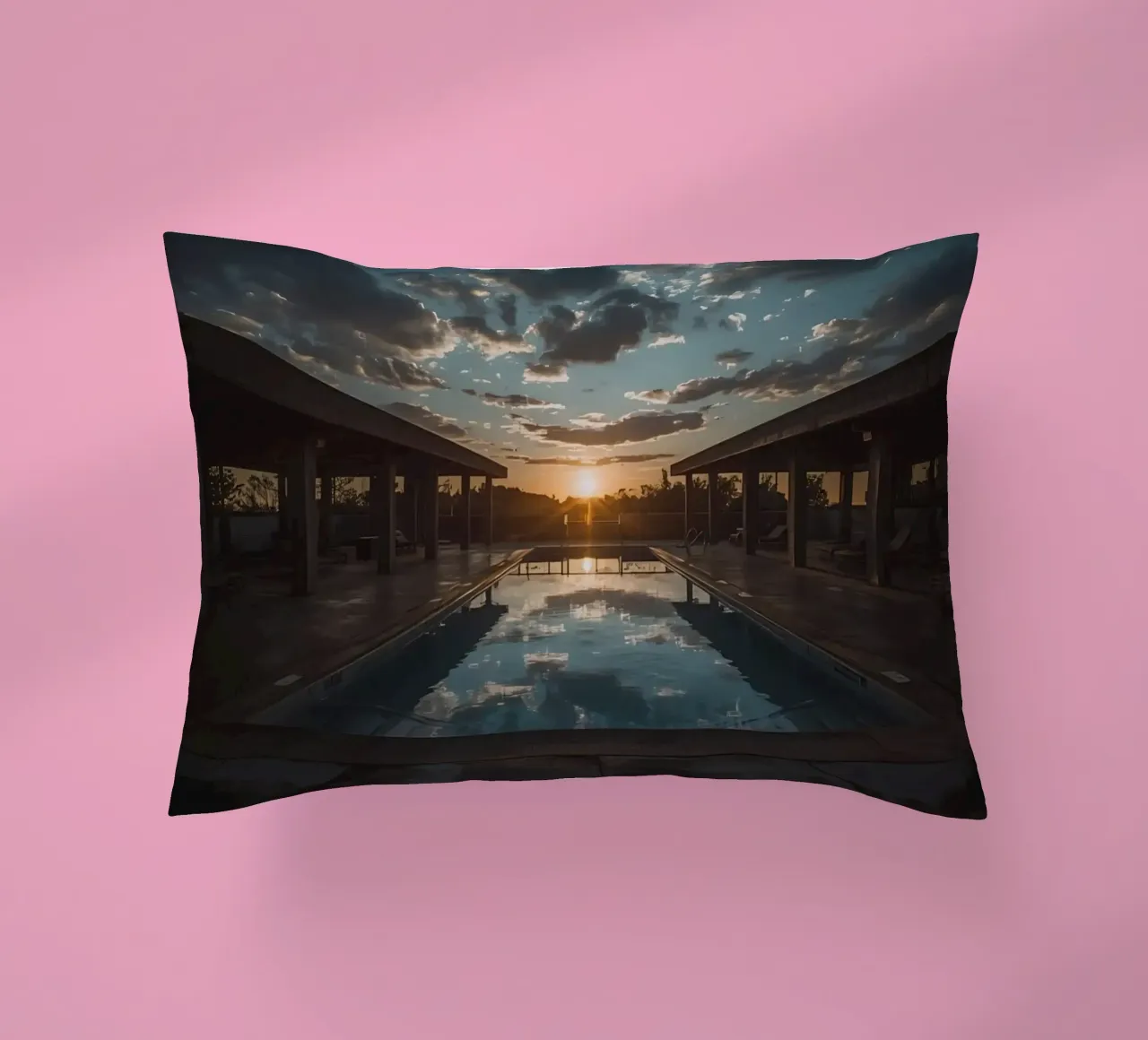 Swimming Pool Reflecting Sunset with Covered Structures decorative cushion by DesignDoodle