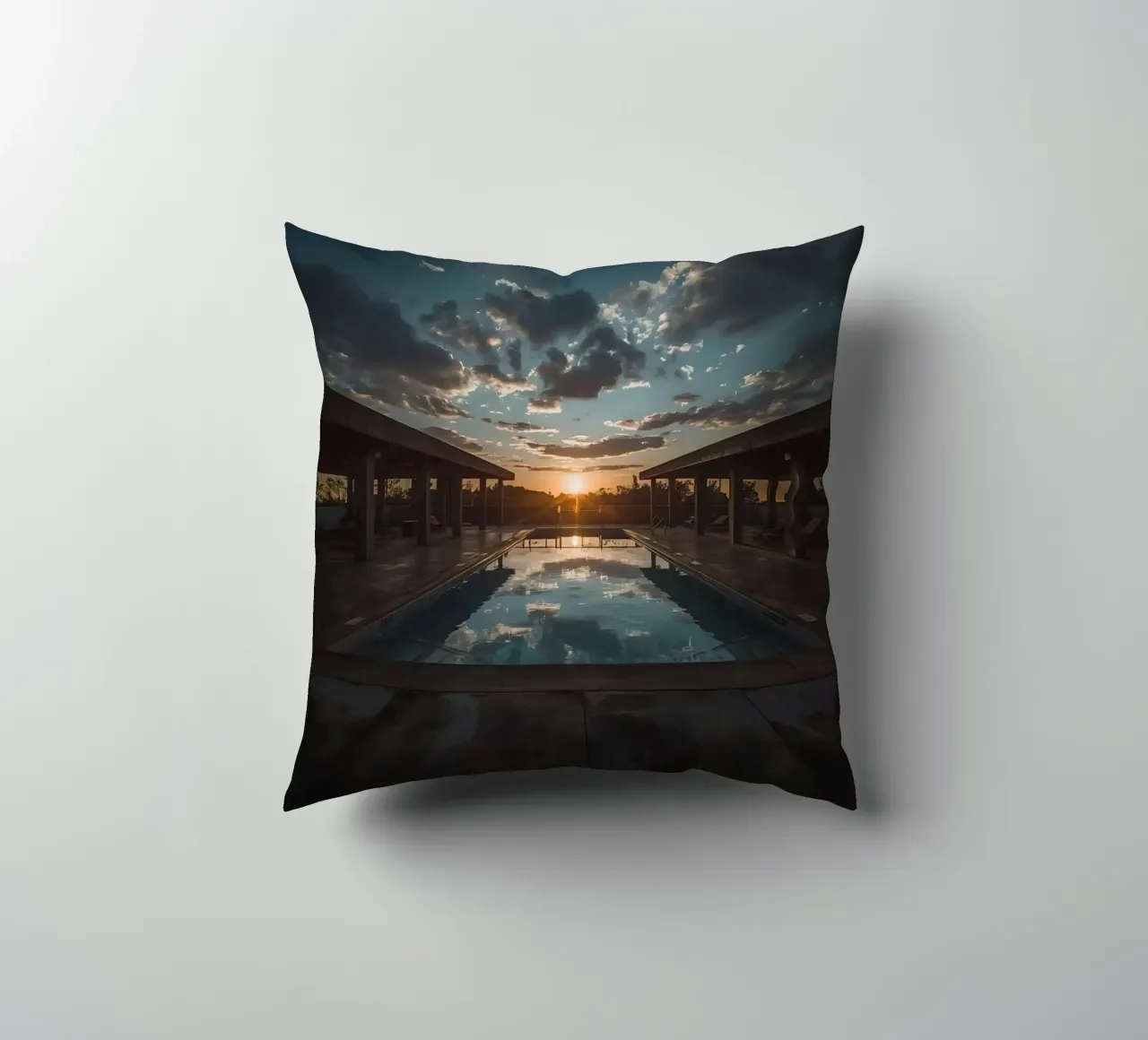 Swimming Pool Reflecting Sunset with Covered Structures decorative cushion by DesignDoodle