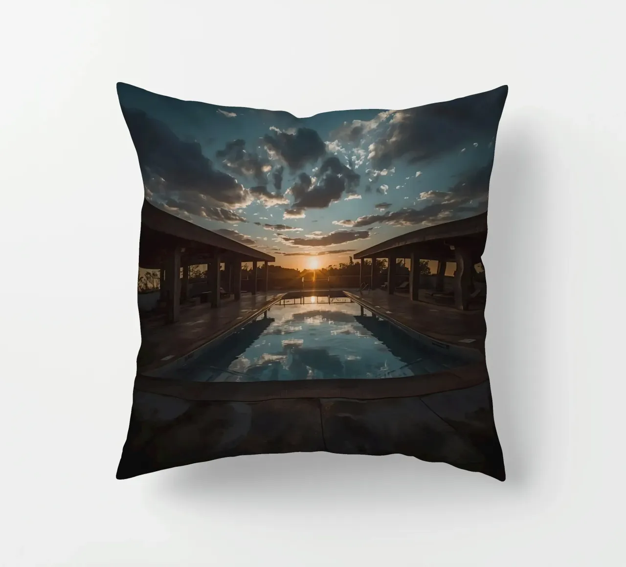 Swimming Pool Reflecting Sunset with Covered Structures decorative cushion by DesignDoodle