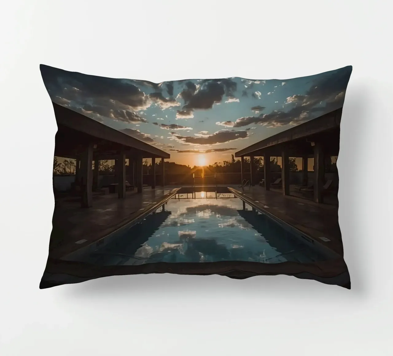 Swimming Pool Reflecting Sunset with Covered Structures decorative cushion by DesignDoodle
