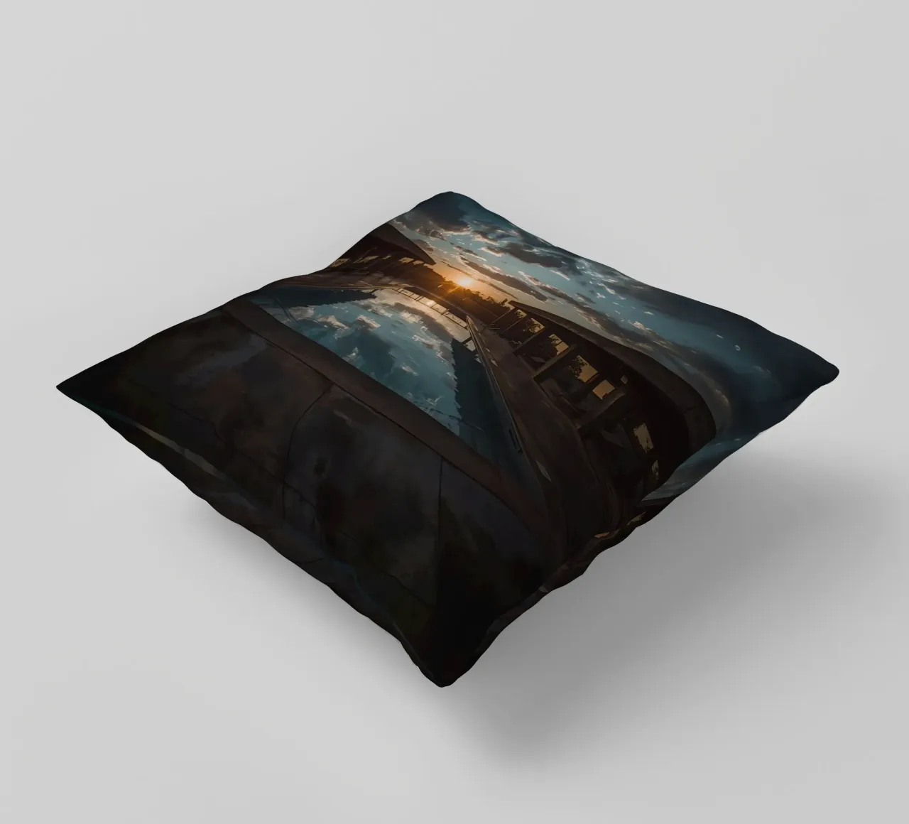 Swimming Pool Reflecting Sunset with Covered Structures decorative cushion by DesignDoodle