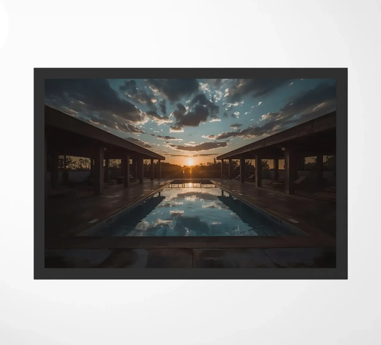 Swimming Pool Reflecting Sunset with Covered Structures doormat by DesignDoodle