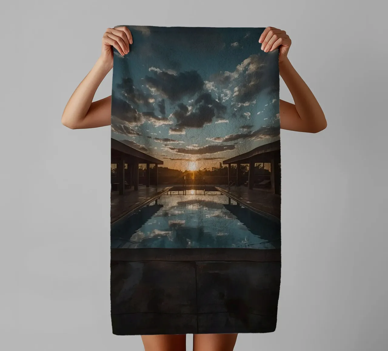 Swimming Pool Reflecting Sunset with Covered Structures towel by DesignDoodle