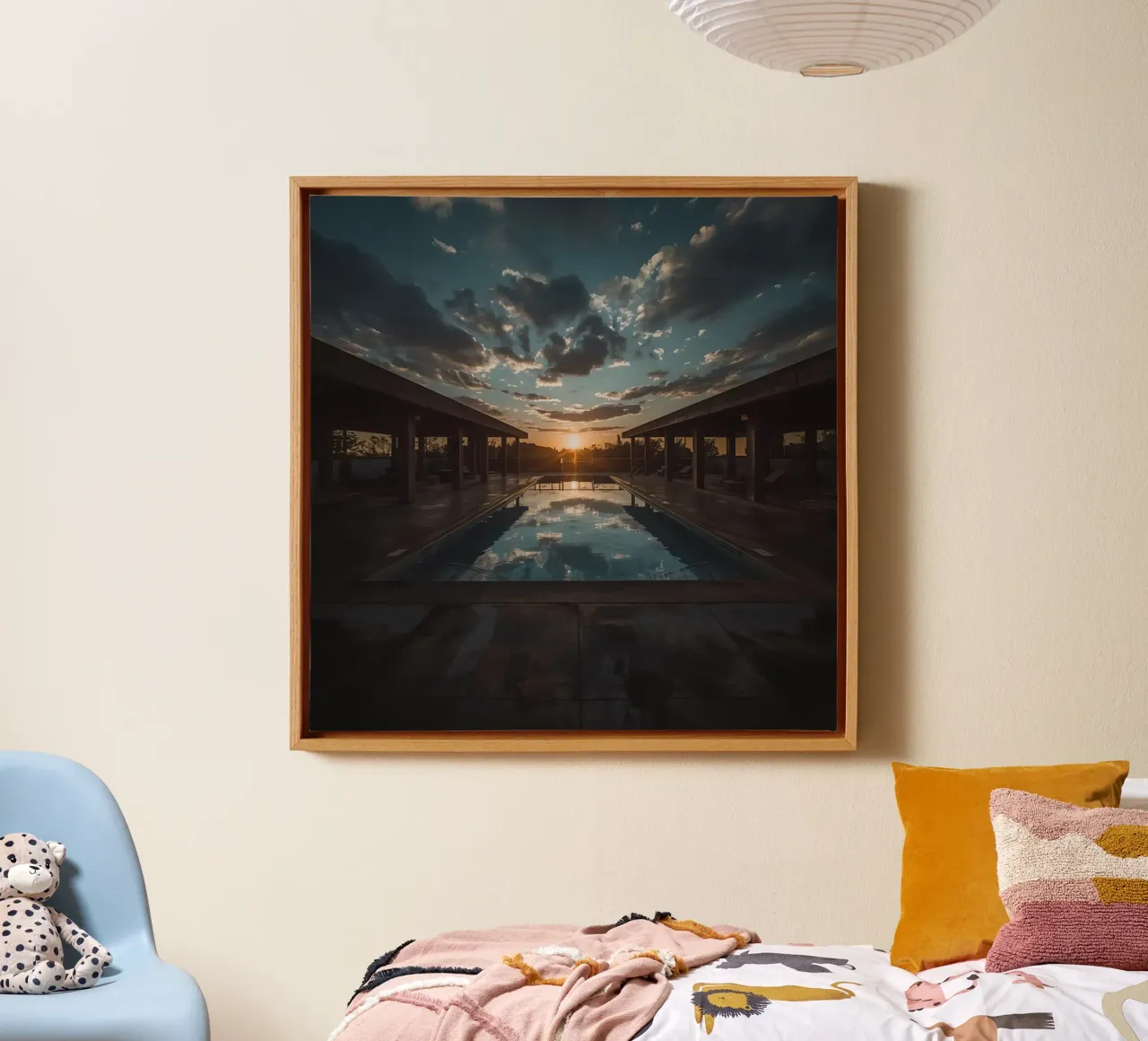 Swimming Pool Reflecting Sunset with Covered Structures canvas by DesignDoodle