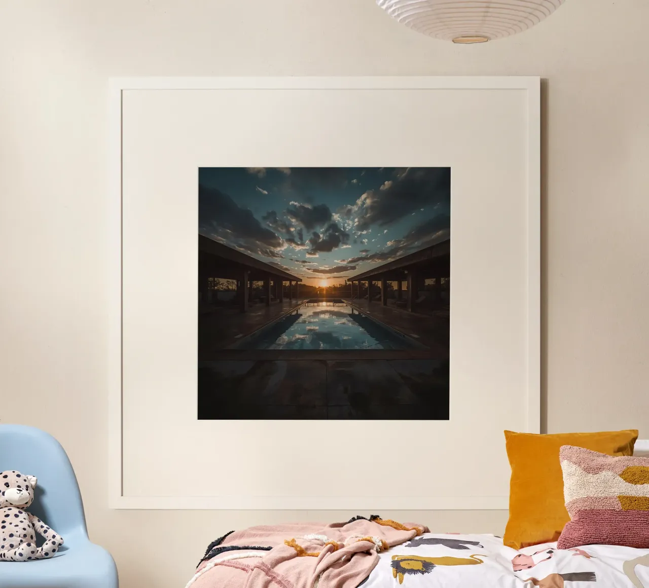 Swimming Pool Reflecting Sunset with Covered Structures hahnemühle by DesignDoodle