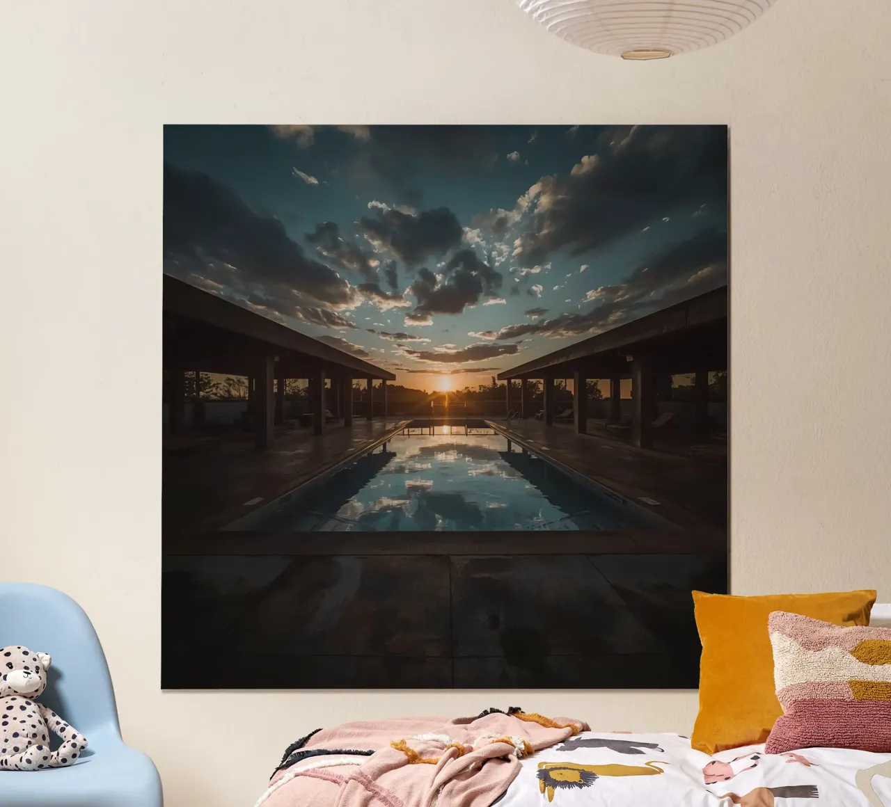 Swimming Pool Reflecting Sunset with Covered Structures hahnemühle by DesignDoodle